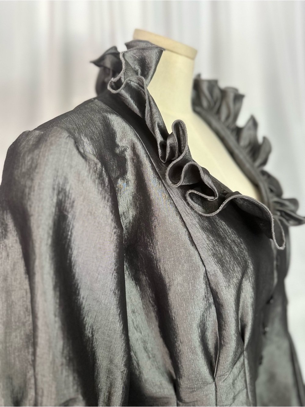 Nicolette Women’s Metallic Gray Ruffle Jacket Bell Sleeve Button Front (1415) - Picture 8 of 15